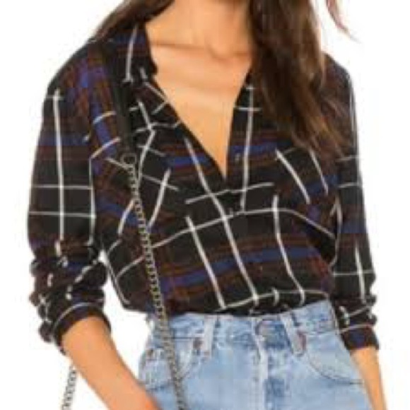 L'AGENCE Tops - L'AGENCE Denise contrast silk back VNeck Black and Blue Plaid Women's Top